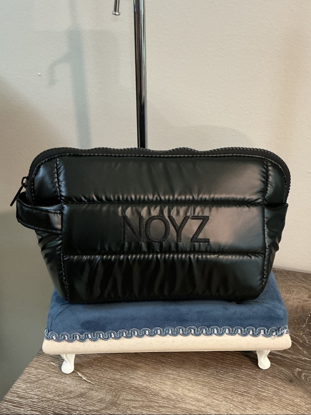 NOYZ Black Quilted Puffer Cosmetic Bag Embroidered Logo 7.75x5.75x3.5 NEW